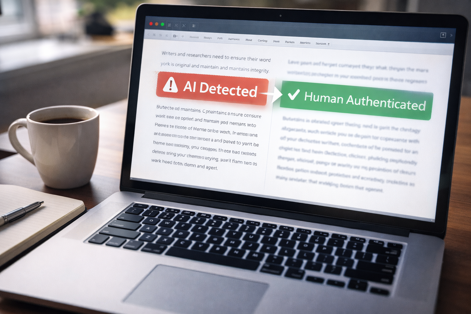 Split-screen illustration showing rigid binary-coded robot arm writing versus human hand sketching with vibrant flowing colors symbolizing machine predictability versus human creativity